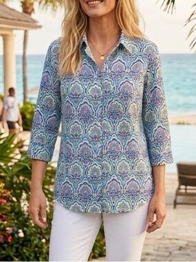 Chico’s Linen No Iron 3/4 Sleeve Peacock Print Button Front Blouse 2/L